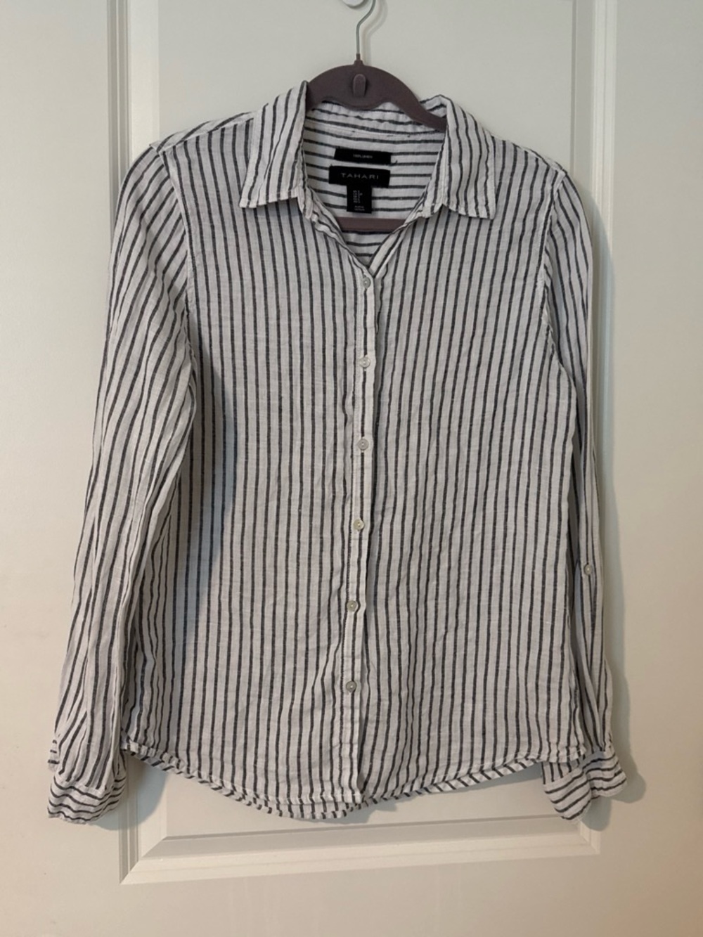 Tahari White Button-Down Shirt with Black Vertical Stripes